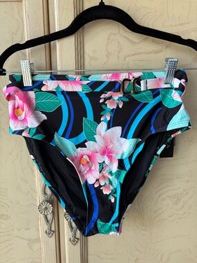 La Blanca Black Floral Swim Bottom with Pink & Teal Accents